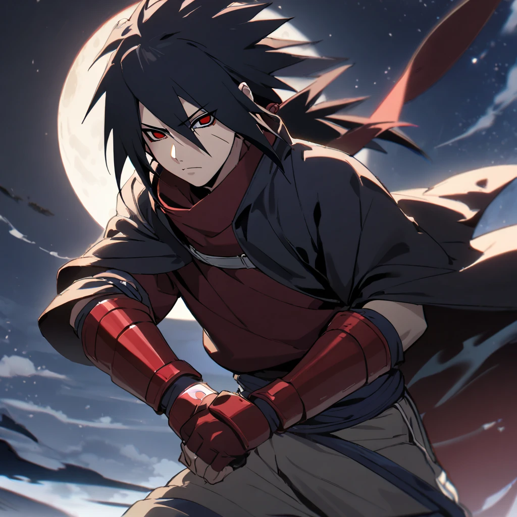 1boy, Madara Uchiha, Naruto Shippuden, protagonist, serious, black cloak with red inside and red arm guard, under starry night with full moon, masterpiece, best quality, very aesthetic, absurdres