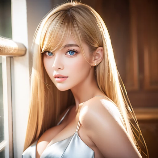 Extraordinary sexy beauty、Beautiful, Gentle expression、Sexy and refreshing look、The most perfect beautiful cute face in the world、Long bangs between the eyes、The most beautiful shining bright super long super long blonde straight hair in the world、Beautiful expression、Very cute beautiful sexy young little woman、Big, sparkling, light blue eyes、25 years old、Young Western Woman、Beautiful, very white, shiny, glowing skin、Glossy highlight on cheeks、Large bust, shiny dress, satin dress, seductive dress,  slim body