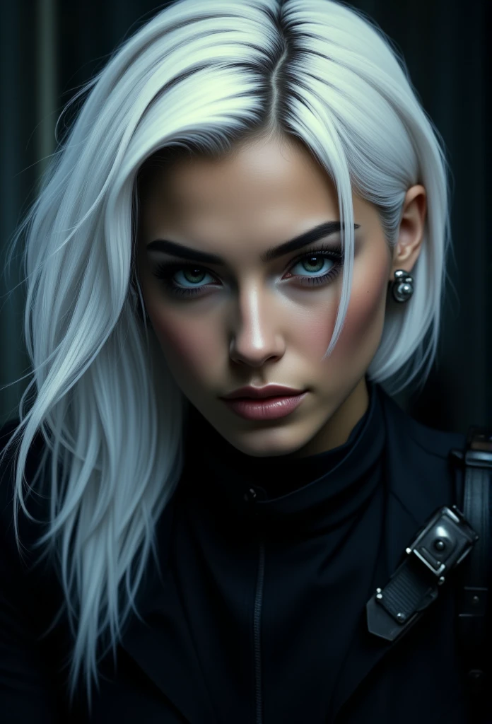 A hyperdetailed Close-up portrait of a striking and sexy female assassin with white, sleek, shoulder-length hair framing her face. She has a focused, intense gaze, with piercing eyes looking straight ahead.The setting is dimly lit, adding a moody atmosphere with soft shadows and a faint glow highlighting her features. She wears a tactical, dark outfit with subtle metallic details, giving a modern, stealthy appearance. 
