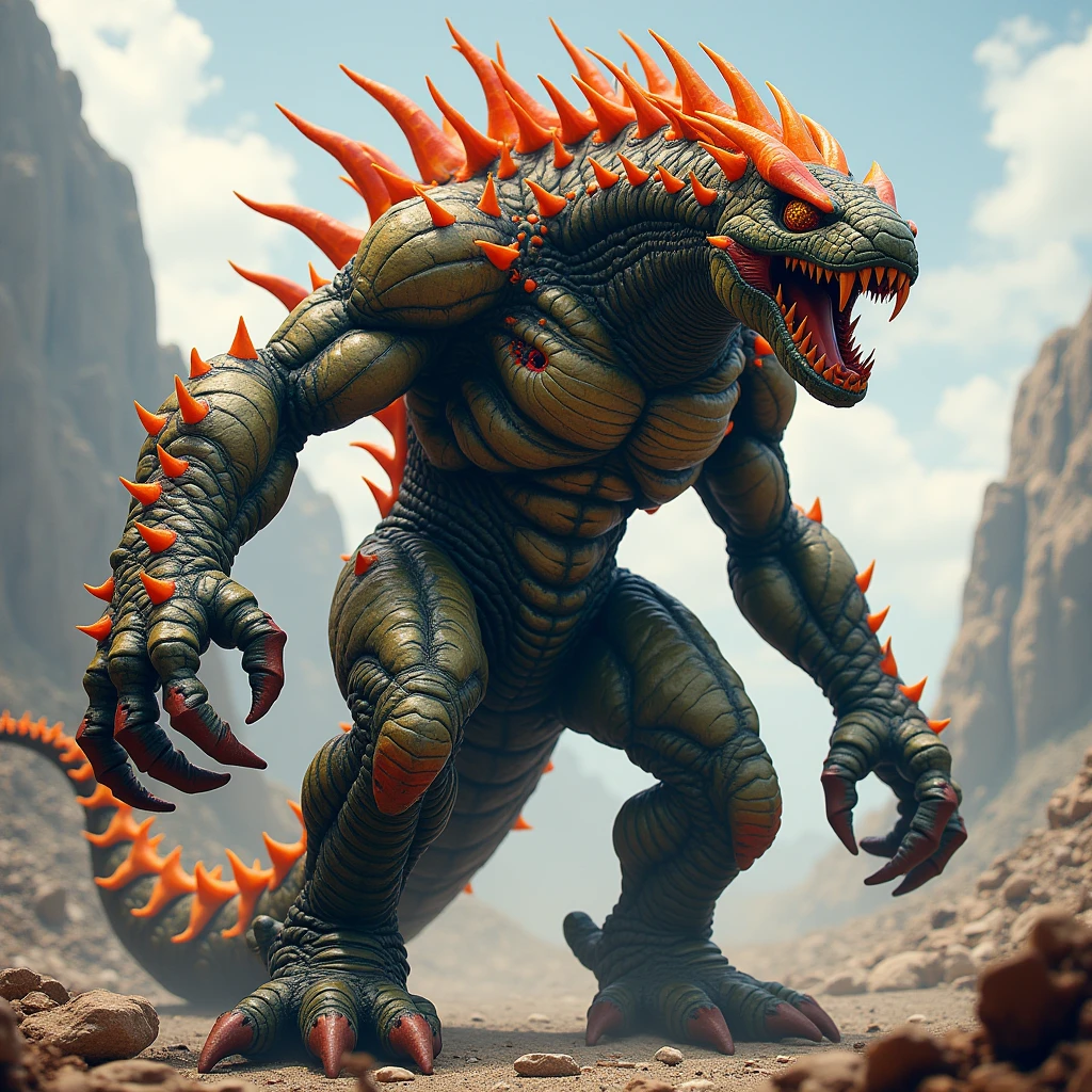 (best quality,4k,8k,highres,masterpiece:1.2),ultra-detailed,(realistic,photorealistic,photo-realistic:1.37),scary monster, colossial shape, lizard-like monster, dark scale covering the whole body, big spike running through the body, two tails with spikes at the end, sharp claws and fangs, 4 eyes, destroying a city