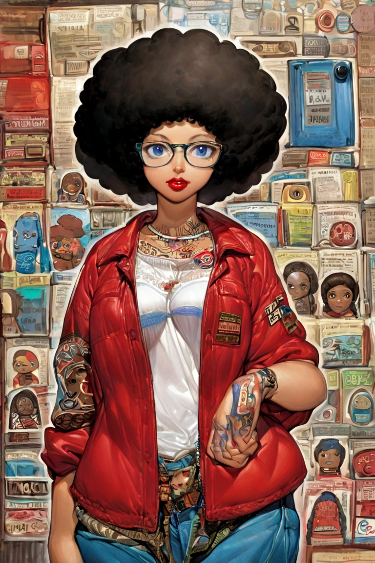 a girl (afro-americana)  with curly and black hair ,  cyan blue eyes red lipstick reading glasses ,  wearing clothes that were fashionable in the 2000s , including a loose white blouse ,  tribal tattoo between the breasts and on the right arm red jacket,  loose pants American army style 