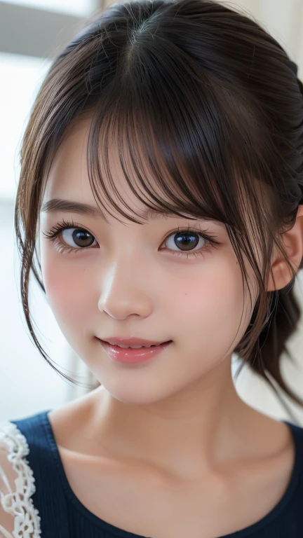 One Girl,Very cute girl at ,Big eyes:0.5,The face is facing straight ahead,Body facing forward,Beautiful nose,Fuller lips,Short black hair,ponytail,Detailed eyelashes,Thin eyebrows,Symmetrical eyes,Face close-up,White swimsuit,Portrait,View Viewer, half smile:0.5,
