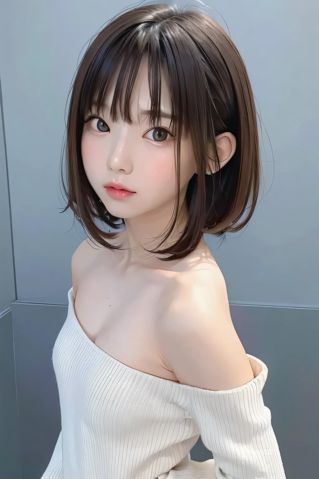 (masterpiece、Best Quality、 Super detailed description、 ultra high resolution)、( Portrait Shooting :1.3)、 girl、solo、((small chest))、cute、 idol face、 simple white background、Stand with your back against a wall、front view、sweater