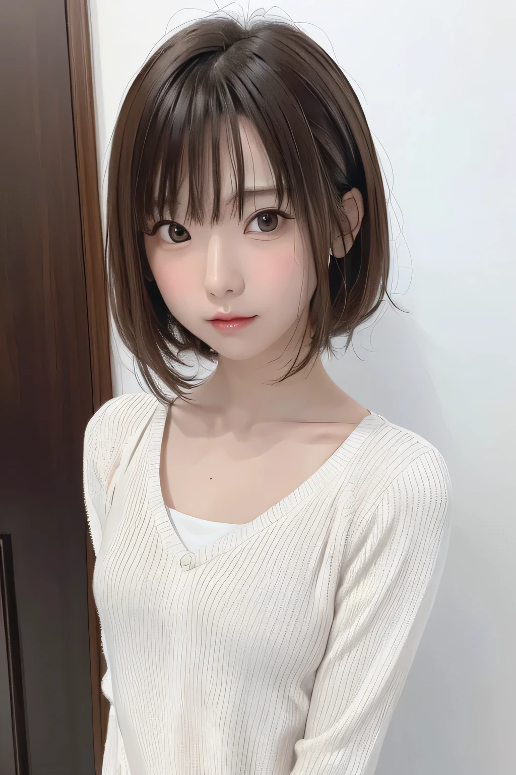 (masterpiece、Best Quality、 Super detailed description、 ultra high resolution)、( Portrait Shooting :1.3)、 girl、solo、((small chest))、cute、 idol face、 simple white background、Stand with your back against a wall、front view、sweater