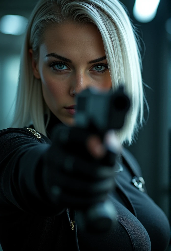 A hyperdetailed Close-up portrait of a striking and sexy female assassin with white, sleek, shoulder-length hair framing her face. She has a focused, intense gaze, with piercing eyes looking straight ahead. She is holding a handgun in front of her face, the handgun pointing up. The setting is dimly lit, adding a moody atmosphere with soft shadows and a faint glow highlighting her features. She wears a tactical, dark outfit with subtle metallic details, giving a modern, stealthy appearance. 
