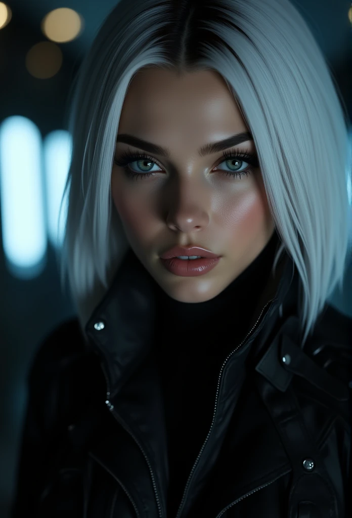 A hyperdetailed Close-up portrait of a striking and sexy female assassin with white, sleek, shoulder-length hair framing her face. She has a focused, intense gaze, with piercing eyes looking straight ahead.The setting is dimly lit, adding a moody atmosphere with soft shadows and a faint glow highlighting her features. She wears a tactical, dark outfit with subtle metallic details, giving a modern, stealthy appearance. 
