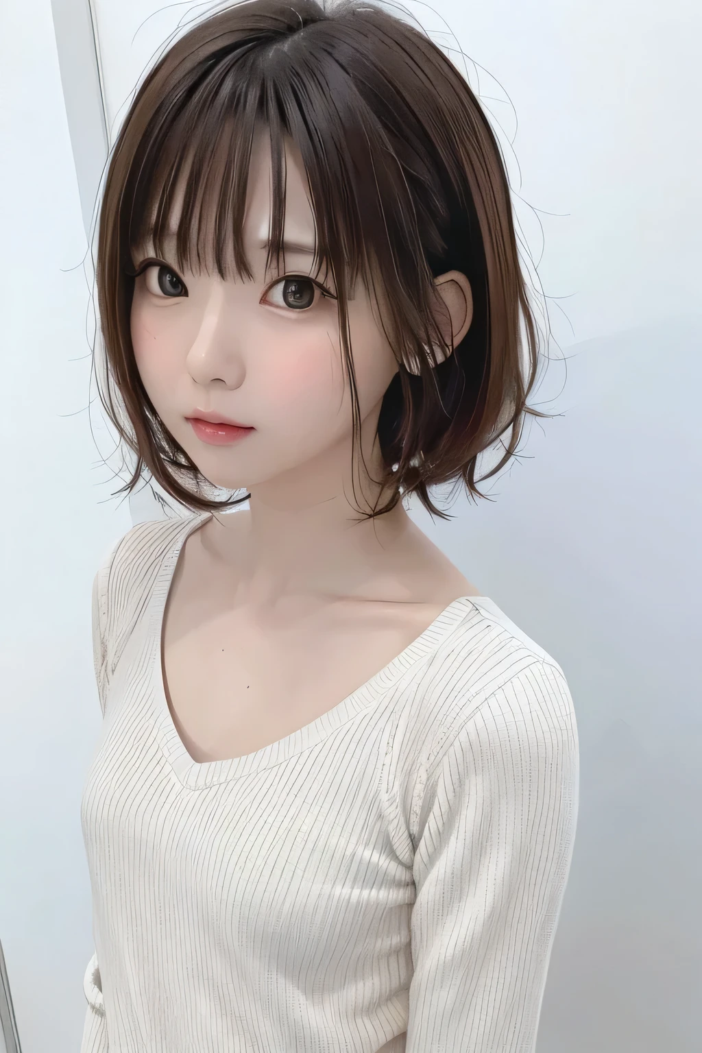 (masterpiece、Best Quality、 Super detailed description、 ultra high resolution)、( Portrait Shooting :1.3)、 girl、solo、((small chest))、cute、 idol face、 simple white background、Stand with your back against a wall、front view、sweater
