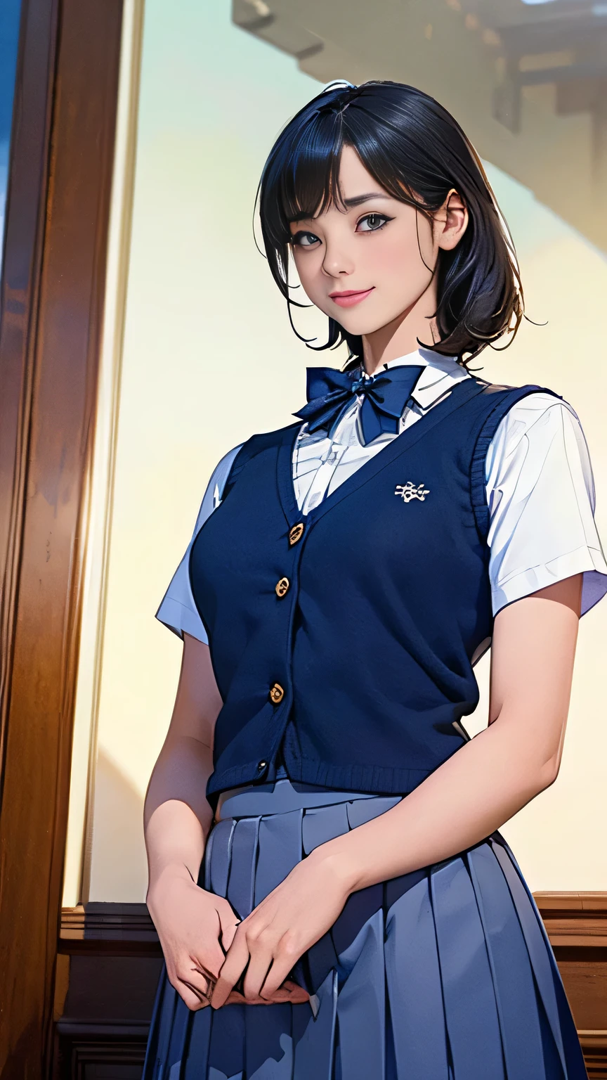1girll，a matural female，vests，Bow knot，photore，realisticlying，best qualtiy，校服，short  skirt，详细的脸，a bed，The building outside the window，detailed back ground，Diffused sunlight，depth of fields，Background bokeh，Tummy position