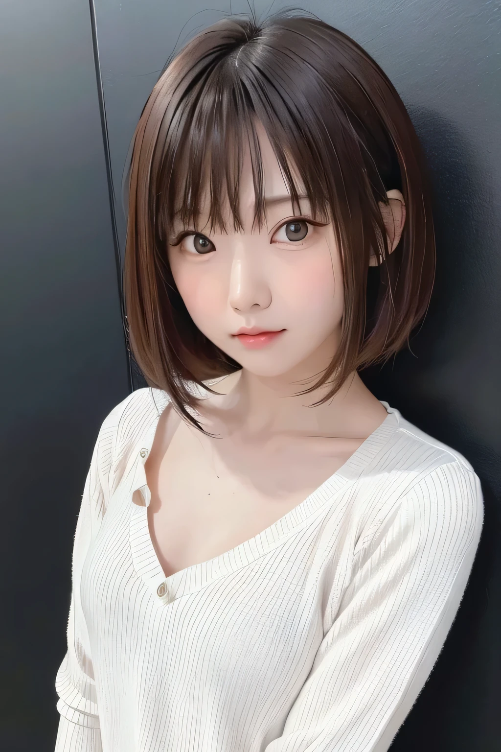 (masterpiece、Best Quality、 Super detailed description、 ultra high resolution)、( Portrait Shooting :1.3)、 girl、solo、((small chest))、cute、 idol face、 simple white background、Stand with your back against a wall、front view、sweater