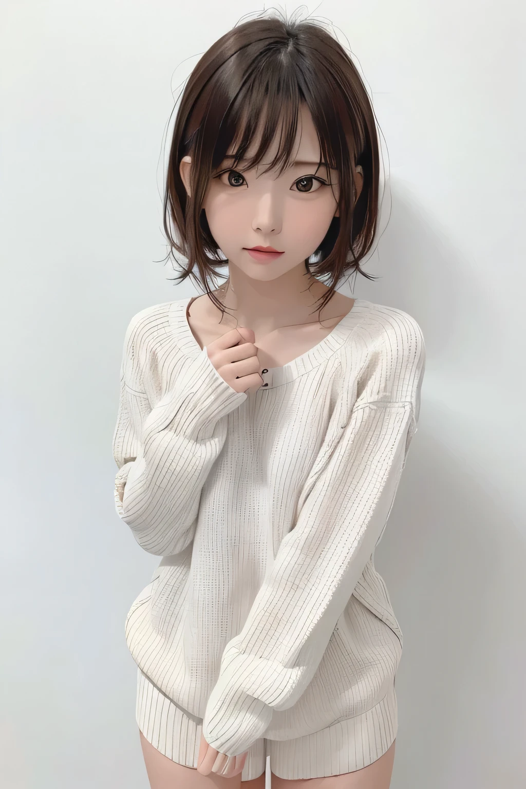 (masterpiece、Best Quality、 Super detailed description、 ultra high resolution)、( Portrait Shooting :1.3)、 girl、solo、((small chest))、cute、 idol face、 simple white background、Stand with your back against a wall、front view、sweater