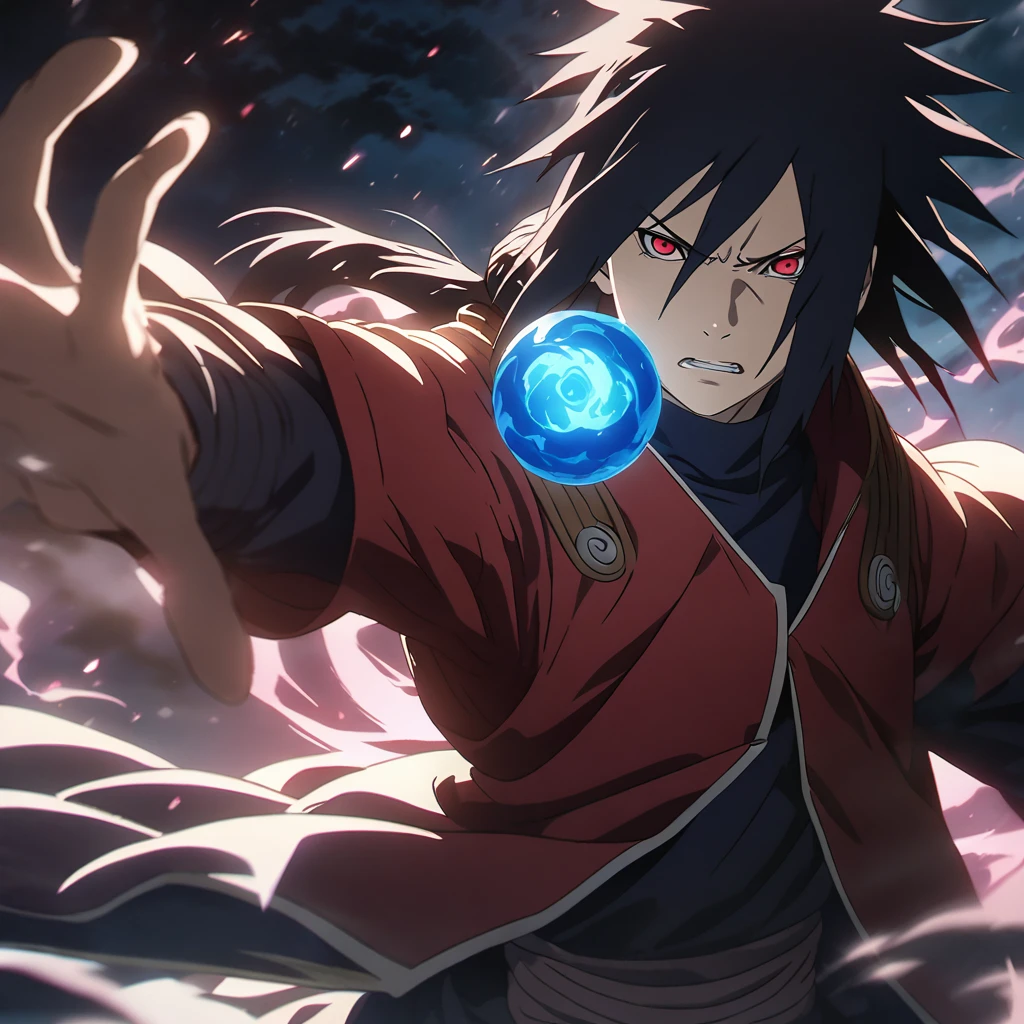 Madara Uchiha from Naruto Shippuden, wielding a glowing blue orb of chakra in his outstretched hand, set against a backdrop of a dramatic, swirling night sky. He is depicted with long, dark hair, intense red eyes with the Mangekyo Sharingan activated, and a stern expression. He wears his iconic dark attire with red armor plating, detailed textures and folds, dynamic lighting, Anime key visual, trending on artstation, sharp focus, cinematic lighting, 8k resolution --ar 4:3