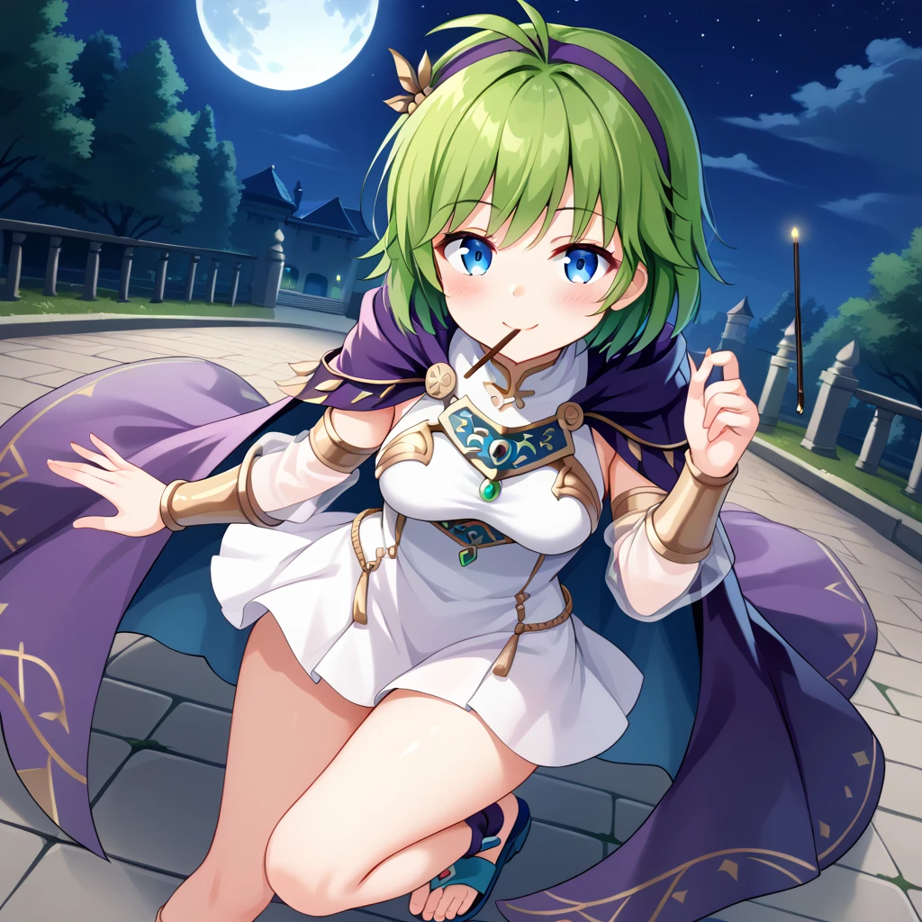 score_9, score_8_up

(masterpiece), best quality, expressive eyes, perfect face, perfect thighs, perfect anatomy, perfect breasts, perfect eyes, medium breasts, perfect thighs, perfect hips

ninoss, blue eyes, green hair, short hair, antenna hair, purple hairband, hair ornament,

ninoss, blue eyes, green hair, short hair, antenna hair, purple hairband, hair ornament, purple cape, white dress, blue breastplate, detached sleeves, see-through sleeves, vambraces, sandals

looking at viewer, night, night sky, moon, pocky, pocky in mouth, blush, park background, smile