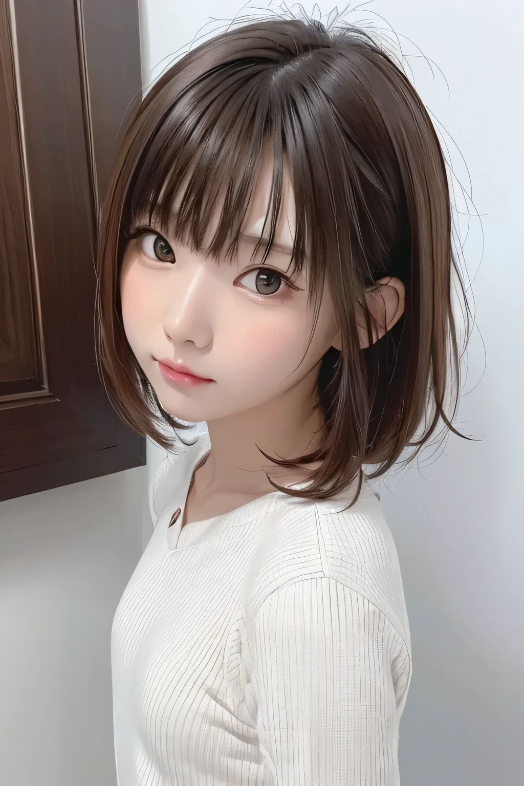 (masterpiece、Best Quality、 Super detailed description、 ultra high resolution)、( Portrait Shooting :1.3)、 girl、solo、((small chest))、cute、 idol face、 simple white background、Stand with your back against a wall、front view、sweater