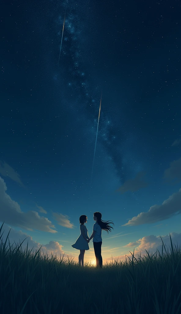 grassland、Night Sky、 shooting stars、 holding hands and making a wish