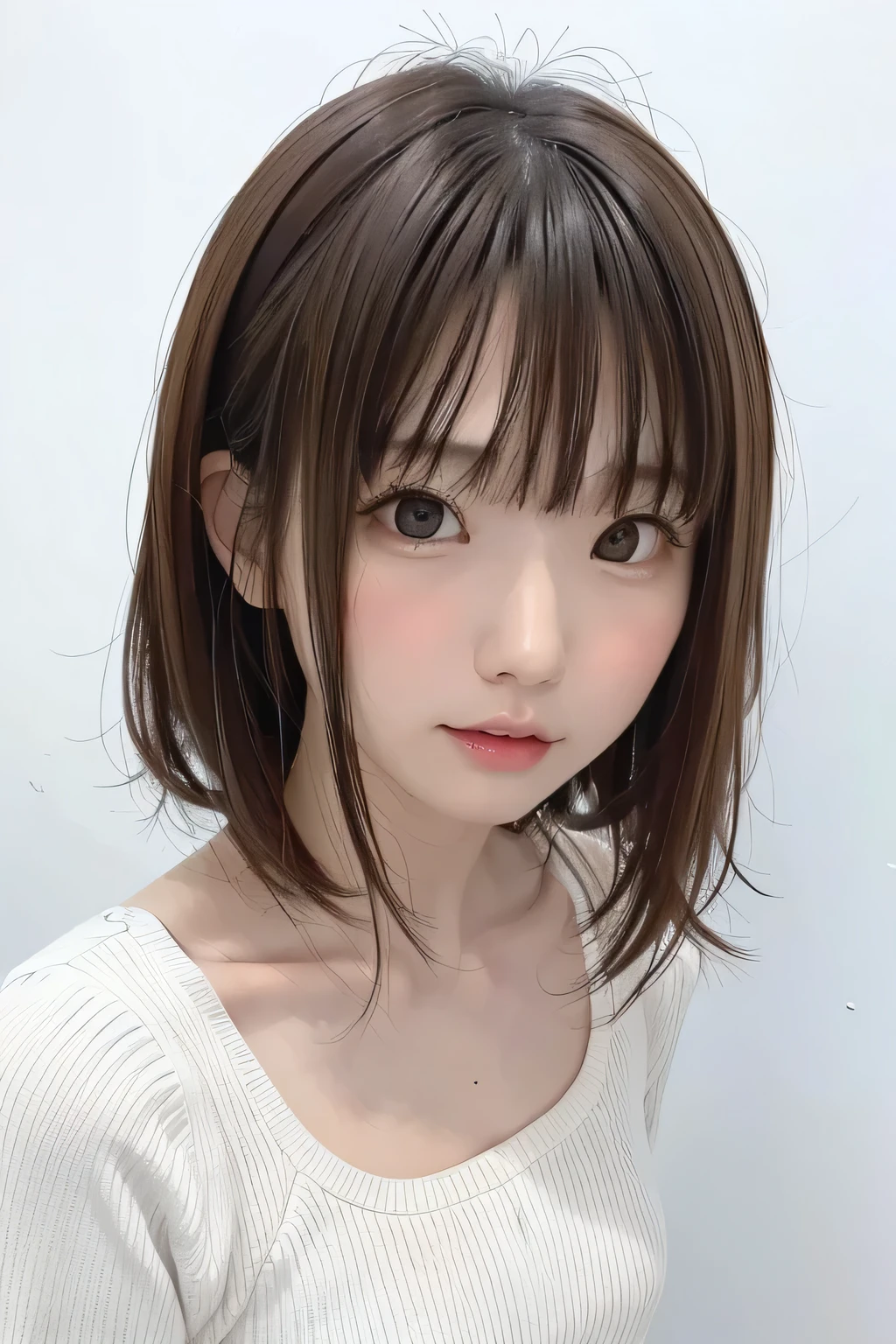 (masterpiece、Best Quality、 Super detailed description、 ultra high resolution)、( Portrait Shooting :1.3)、 girl、solo、((small chest))、cute、 idol face、 simple white background、Stand with your back against a wall、front view、sweater