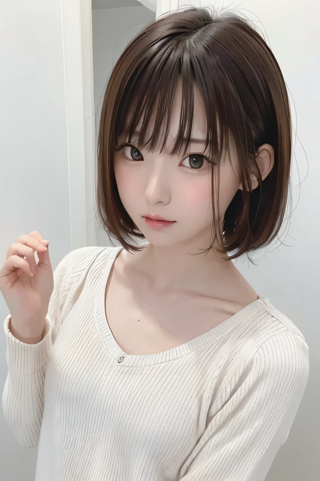 (masterpiece、Best Quality、 Super detailed description、 ultra high resolution)、( Portrait Shooting :1.3)、 girl、solo、((small chest))、cute、 idol face、 simple white background、Stand with your back against a wall、front view、sweater