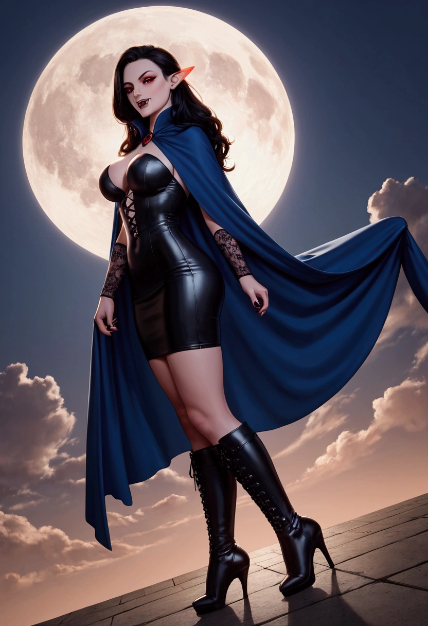1 beautiful model, long straight dark red hair,busty, (gigantic natural breast:1.1), wide hips, round ass, chubby, thin waist, smile, vampire queen, black and red leather cape, gothic castle, (wide angle shot, full body:1.5), realistic, textured skin, at night, moon
