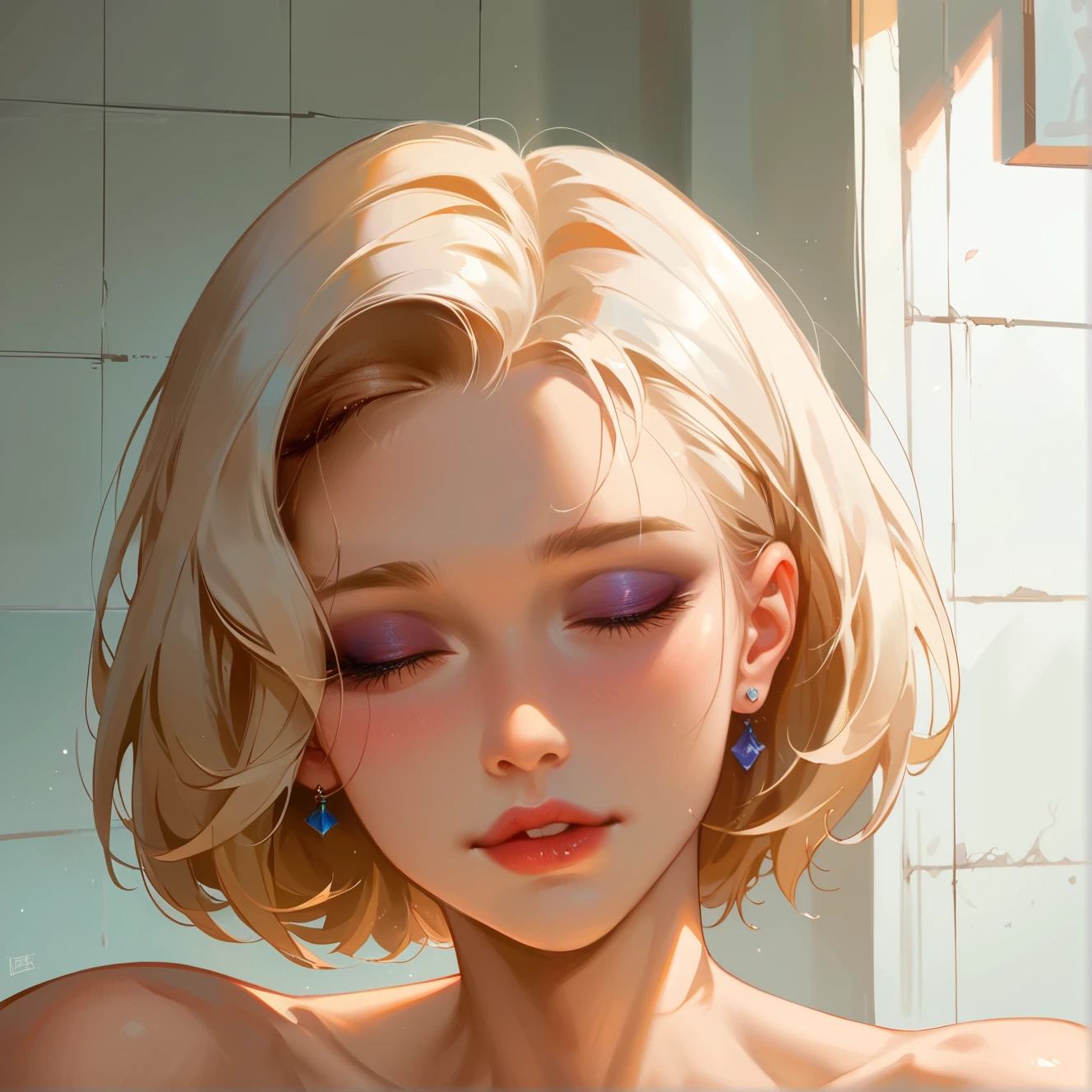 ((((masterpiece, best quality, high resolution)))), perfect body, sexy, best quality, clear quality, high quality, 4K, 8k, pale skin, Girl with short hair, white hair, в sexy й позе, с slopeом, slopeяется к зрителю, to full height , sexy , beautiful, adult face, very grown up, slopeена, legs, art, inviting , sexy , slopeена в перед. открывая cleavage. seducing , hentai. cleavage, rests on a stand, slope, с slopeом в низ, closed eyes, eyes closed
