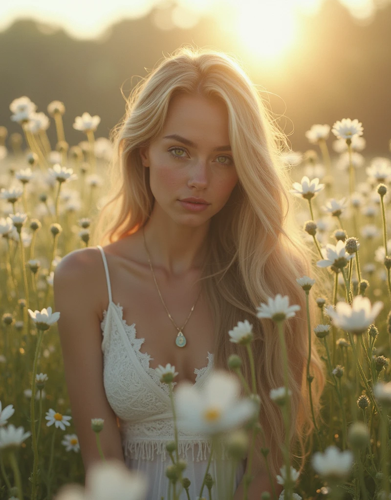 ((beautiful woman, 22 years old, a thin fit body blonde)), Sitting in a meadow with daisy flowers, full cleavage, shapely firm breasts, highly detailed skin texture, alluring, masterpiece, best lighting, best quality, high resolution hyper realistic, photorealistic, high-res photography,