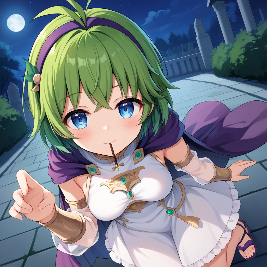 score_9, score_8_up

(masterpiece), best quality, expressive eyes, perfect face, perfect thighs, perfect anatomy, perfect breasts, perfect eyes, medium breasts, perfect thighs, perfect hips

ninoss, blue eyes, green hair, short hair, antenna hair, purple hairband, hair ornament,

ninoss, blue eyes, green hair, short hair, antenna hair, purple hairband, hair ornament, purple cape, white dress, blue breastplate, detached sleeves, see-through sleeves, vambraces, sandals

looking at viewer, night, night sky, moon, pocky, pocky in mouth, blush, park background, smile, pov, standing in front of viewer, face close up, pov close up