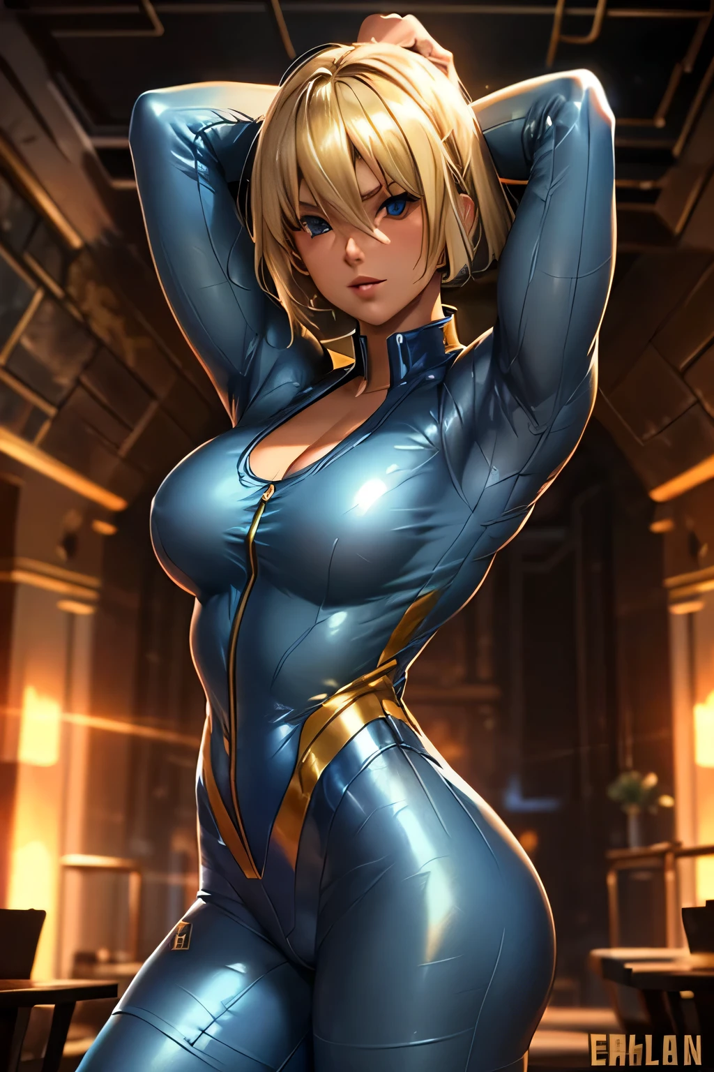  perfect anatomy　Best Quality, highest resolution,(((woman　blue shiny vault jumpsuit　Light blonde hair　Muscular)))　Vault Girl　fallout　end of the century