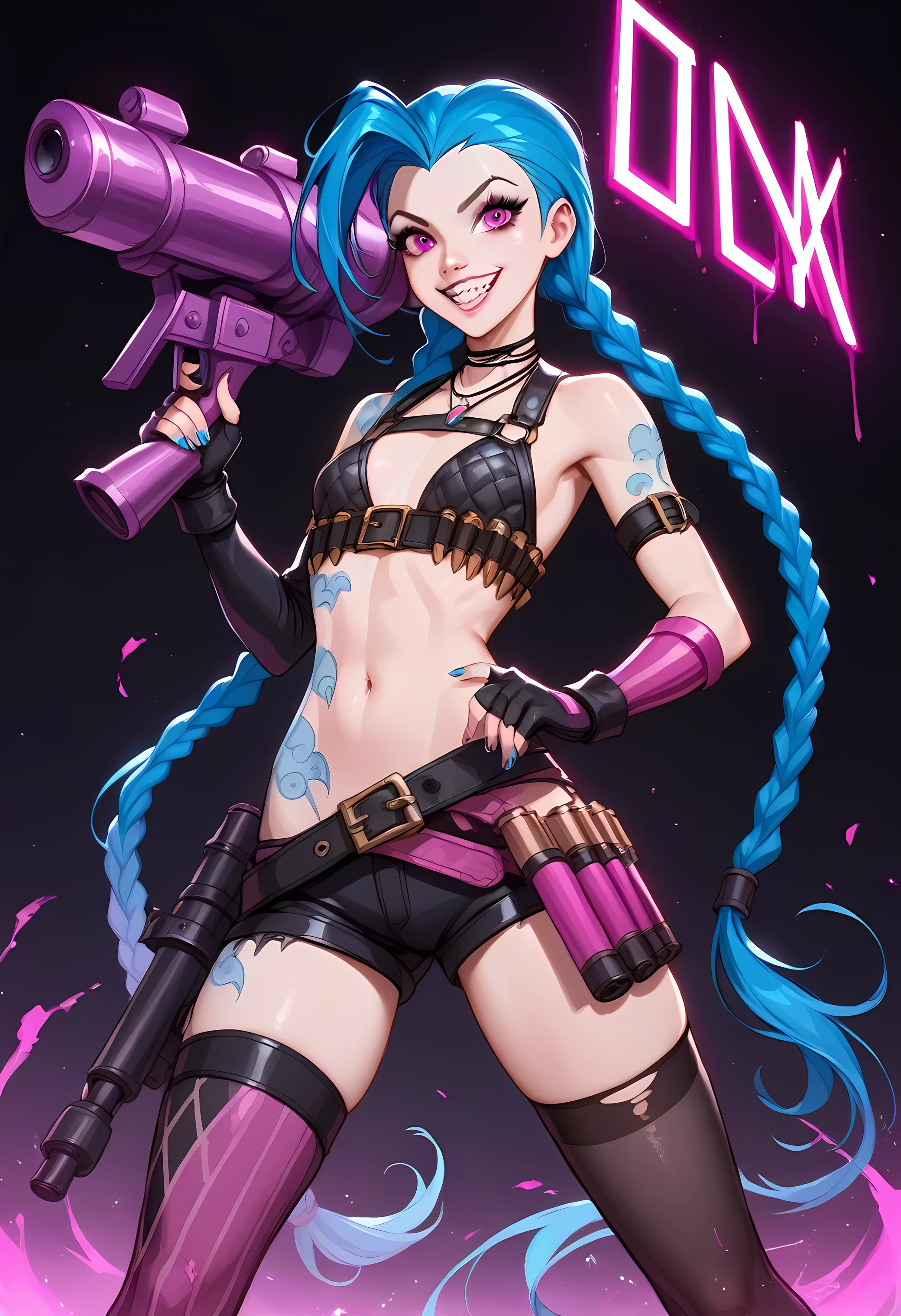 (score_9, score_8_up, score_7_up), (best composition), (high resolution), Jinx from League of Legends in her iconic vibrant punk-industrial style, standing in a dynamic action pose with a wide, maniacal grin. She has long blue twin braids, pale skin, and expressive pink eyes with an intense, playful look. Her outfit is a mix of bright colors and edgy straps, belts, and patches, featuring a cropped top and mismatched thigh-high socks. Jinx wields her oversized, unique weapons: Fishbones, a shark-themed rocket launcher, and Pow-Pow, a colorful minigun, both with playful yet dangerous designs. The background is a chaotic urban setting inspired by Zaun, with graffiti-covered walls, neon lights, and industrial machinery. Style influenced by vibrant anime, with sharp details, high contrast, and a lively, rebellious atmosphere. | Negative prompt: blurry, low-quality, out of focus, plain background, lack of detail, no weapons, static pose, no vibrant colors