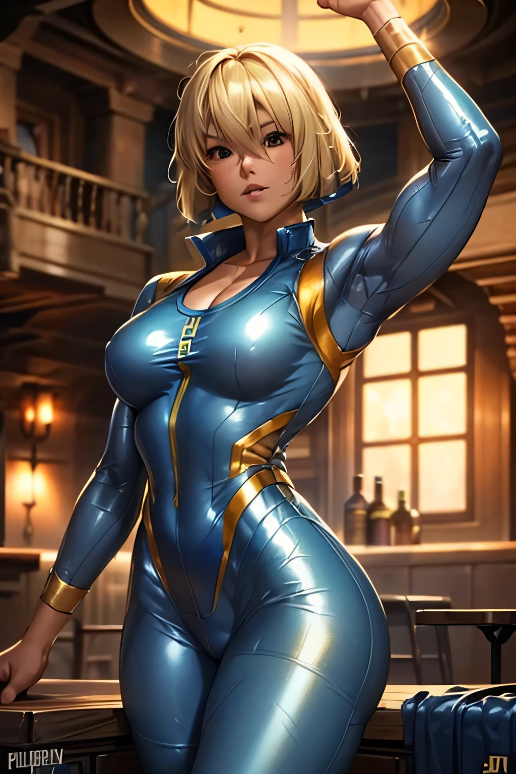  perfect anatomy　Best Quality, highest resolution,(((woman　blue shiny vault jumpsuit　Light blonde hair　Muscular)))　Vault Girl　fallout　end of the century