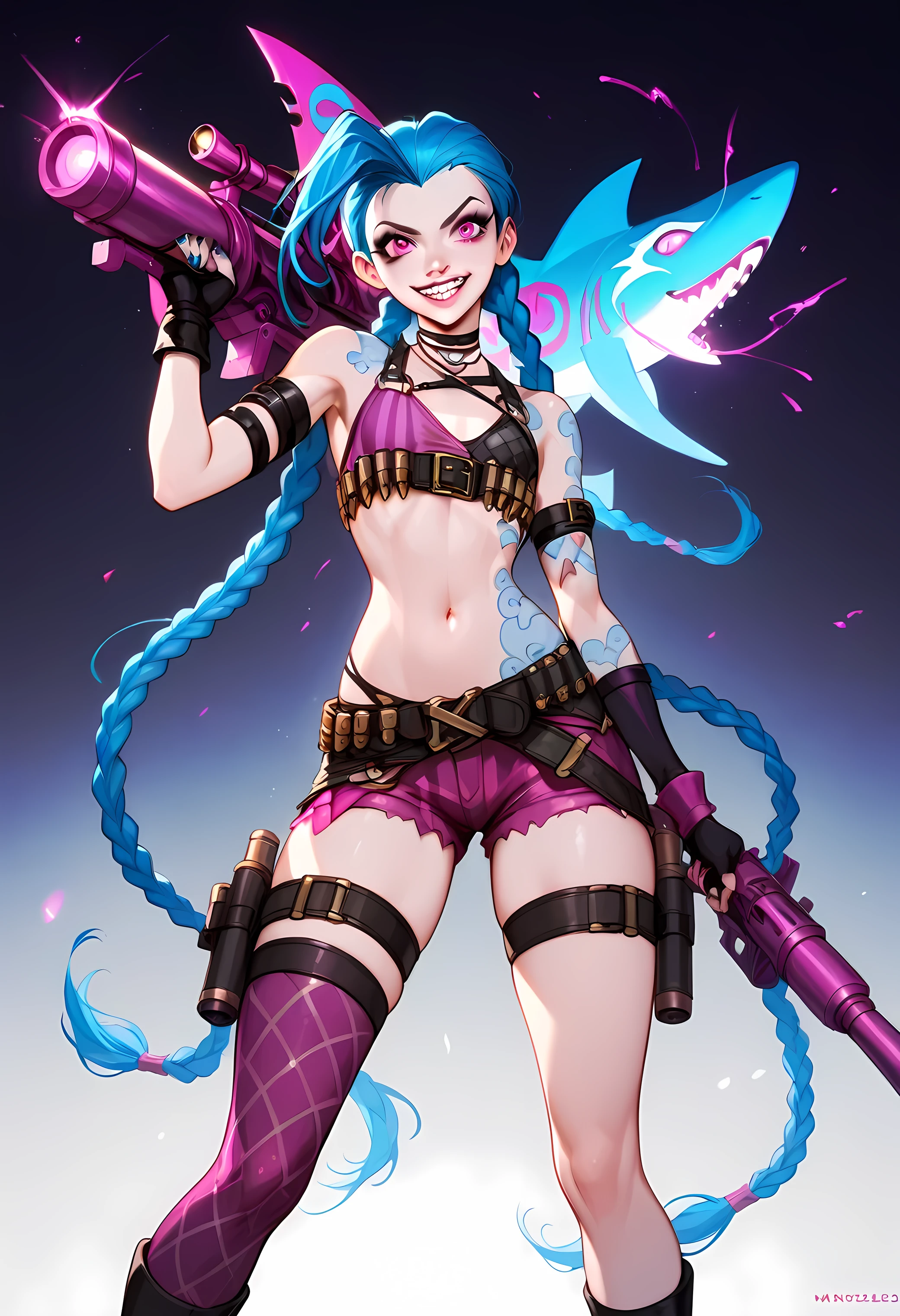 (score_9, score_8_up, score_7_up), (best composition), (high resolution), Jinx from League of Legends in her iconic vibrant punk-industrial style, standing in a dynamic action pose with a wide, maniacal grin. She has long blue twin braids, pale skin, and expressive pink eyes with an intense, playful look. Her outfit is a mix of bright colors and edgy straps, belts, and patches, featuring a cropped top and mismatched thigh-high socks. Jinx wields her oversized, unique weapons: Fishbones, a shark-themed rocket launcher, and Pow-Pow, a colorful minigun, both with playful yet dangerous designs. The background is a chaotic urban setting inspired by Zaun, with graffiti-covered walls, neon lights, and industrial machinery. Style influenced by vibrant anime, with sharp details, high contrast, and a lively, rebellious atmosphere. | Negative prompt: blurry, low-quality, out of focus, plain background, lack of detail, no weapons, static pose, no vibrant colors