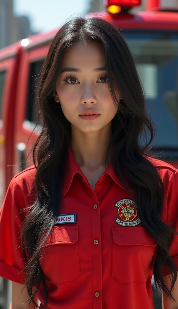 Pan Jinlian Big Breasts dark firefighter Yoga pants hot thick muscular Asian American female firefighter from the United states in new York state wearing a dark short sleeve sports shirt with fire department insignia printed on the top right chest