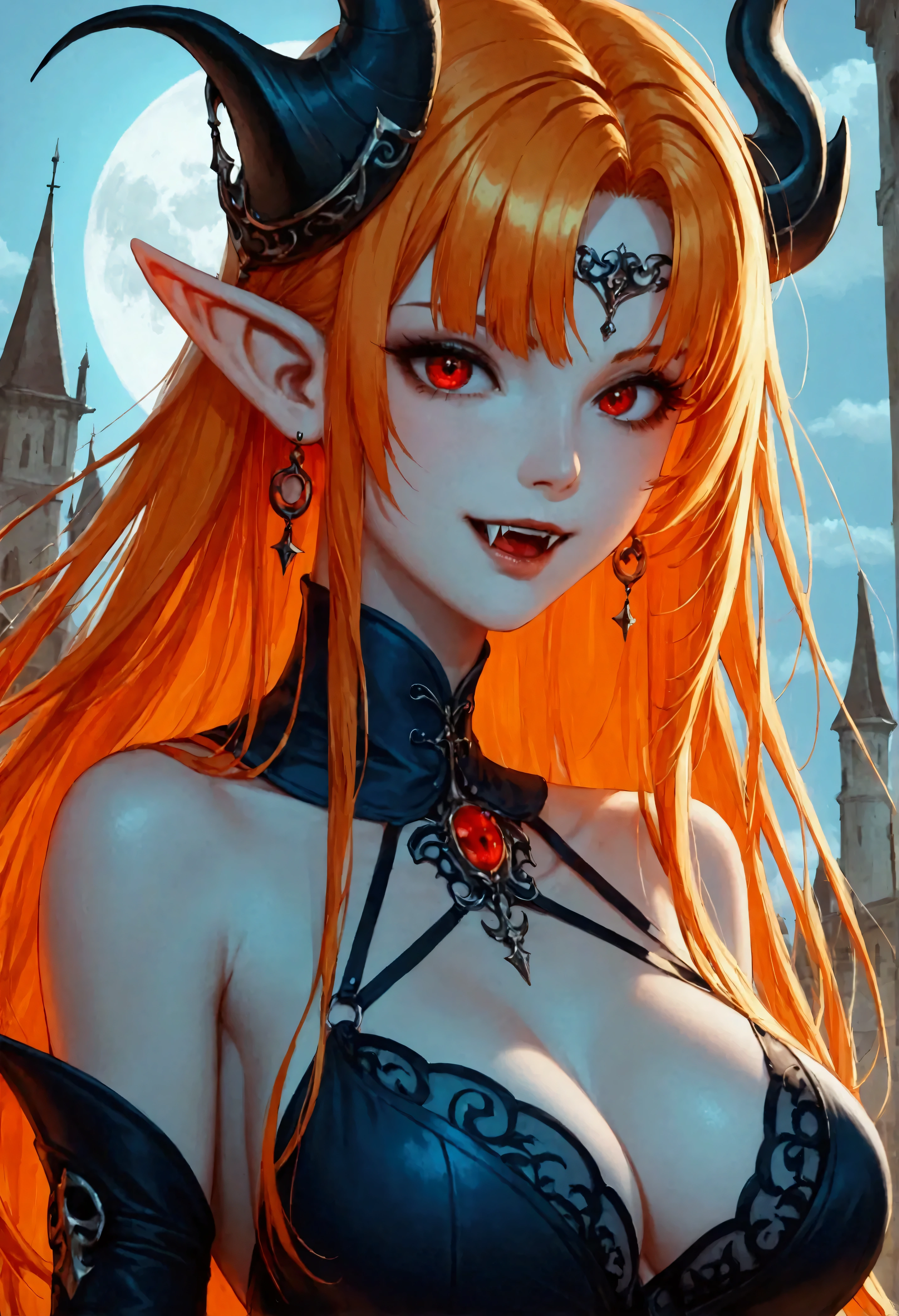 score_9, score_8_up, score_7, anime comic illustration fantasy art, gothic art, full body portrait of a vampire, elf, ultra feminine, wizard, with a long curvy hair, light color hair, red eyes, busty, ((beautiful delicate face)), Ultra Detailed Face, ((vampiric fangs 1.5)) (blue cloak: 1.3) , flowing cloak, wearing an intricate (black: 1.4) intricate leather dress, high heeled boots full body best details, highly detailed, best quality, fantasy urban background, fantasy, at night light, natural ,moon light, clouds, gothic atmosphere, soft light, dynamic light, [[anatomically correct]], high details, best quality, 8k, [ultra detailed], masterpiece, best quality, (extremely detailed), dynamic angle, Cinematic Shot