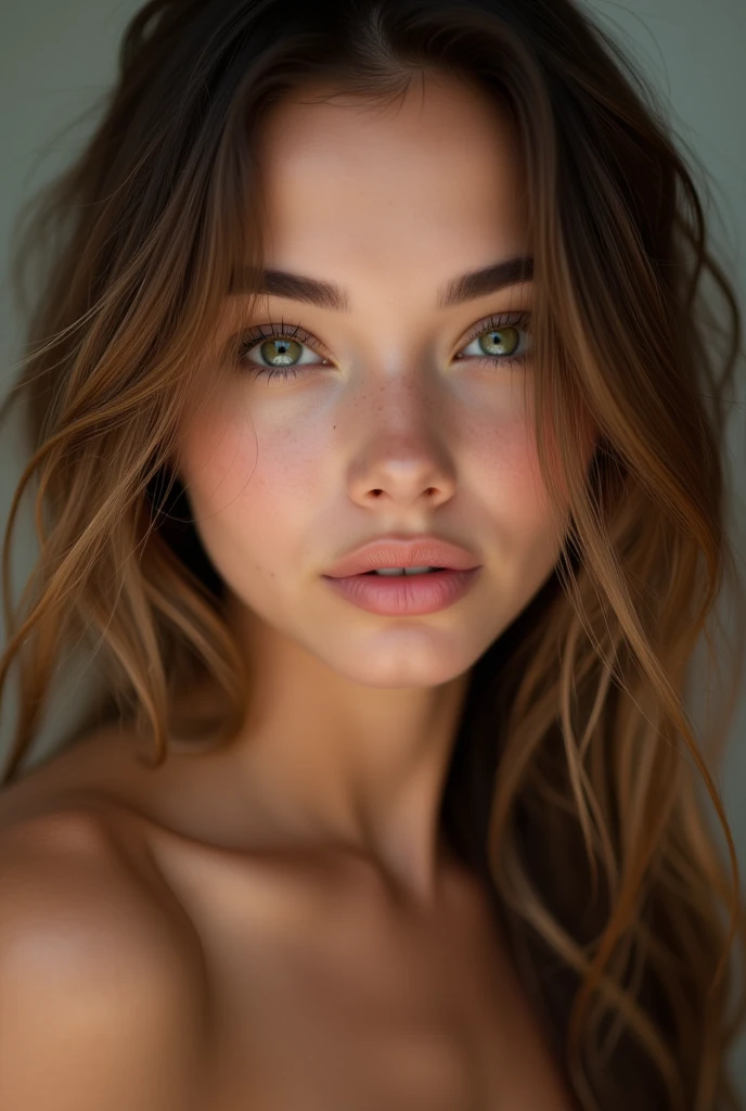 A young, beautiful, and charismatic woman, approximately 22 years old, with long, light brown hair that is slightly wavy and shiny, cascading over her shoulders. She has large, almond-shaped, emerald green eyes with long, curled lashes. Her face features fine and symmetrical contours, a small, straight nose, full and well-defined lips with a natural pink tone. Her skin is smooth with a slightly tanned glow, exuding a healthy radiance. She has a slender, well-proportioned figure. naked, seductive, orgasm face