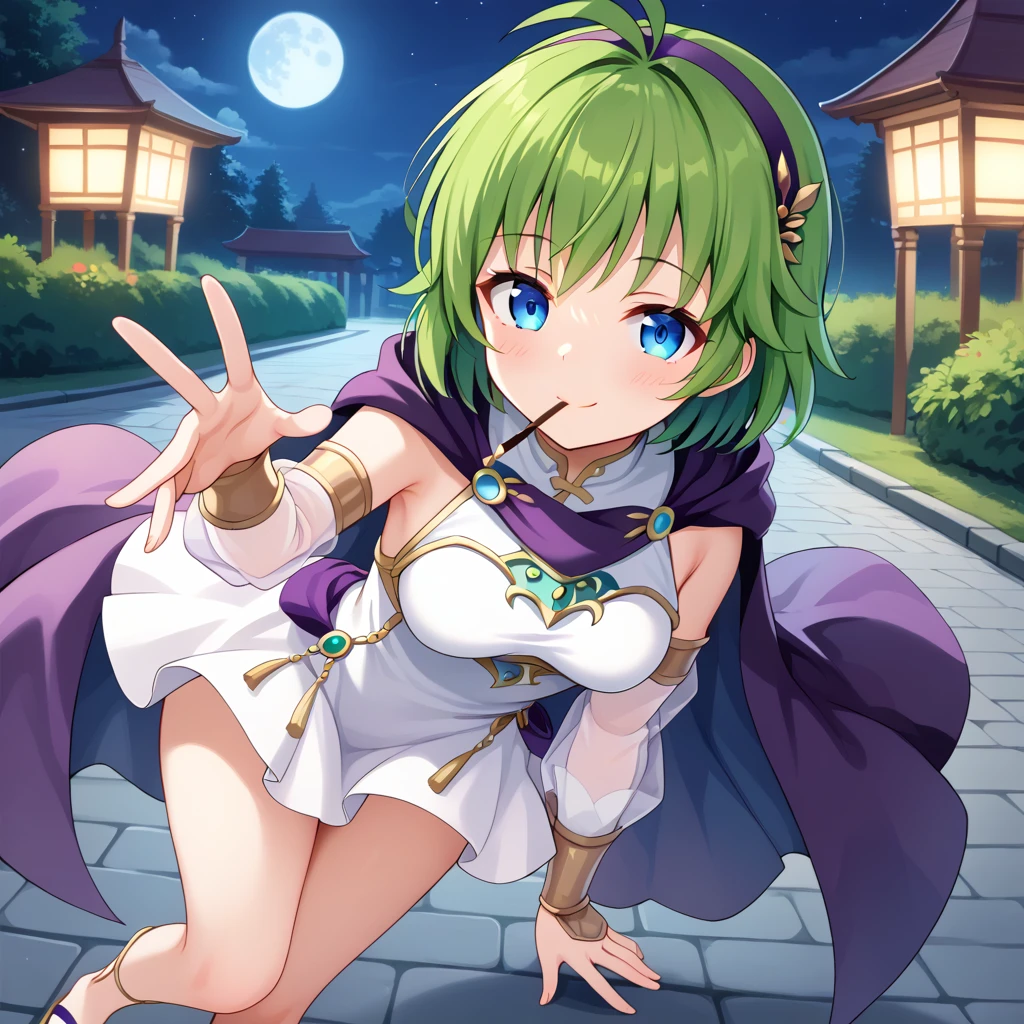 score_9, score_8_up

(masterpiece), best quality, expressive eyes, perfect face, perfect thighs, perfect anatomy, perfect breasts, perfect eyes, medium breasts, perfect thighs, perfect hips

ninoss, blue eyes, green hair, short hair, antenna hair, purple hairband, hair ornament,

ninoss, blue eyes, green hair, short hair, antenna hair, purple hairband, hair ornament, purple cape, white dress, blue breastplate, detached sleeves, see-through sleeves, vambraces, sandals

looking at viewer, night, night sky, moon, pocky, pocky in mouth, blush, park background, smile, pov, standing in front of viewer, on side, closed eyes