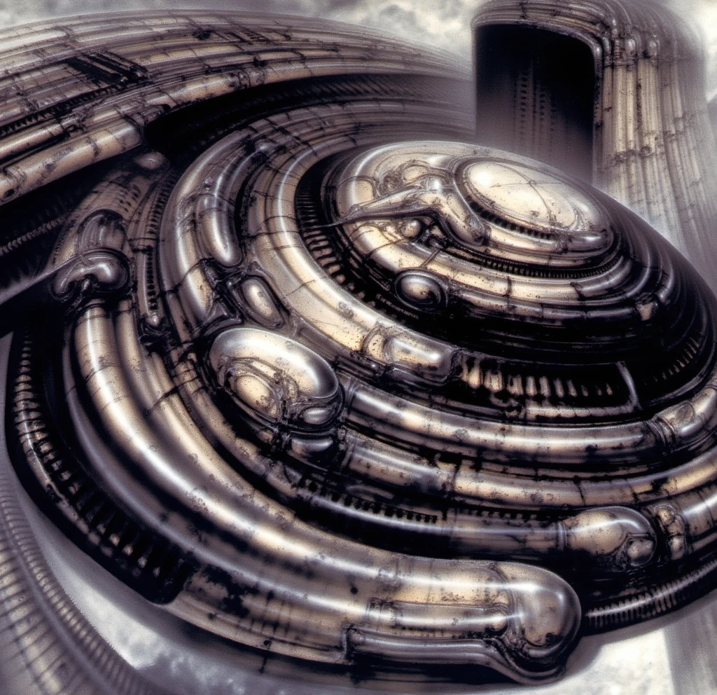 HRGGR, The image is a detailed view of H.R. Giger's biomechanical tableau \" LANDSCAPE No 312 \" plate, featuring ( Giger's is a fantasy-style illustration of a complex, intricate mechanical structure, resembling a futuristic city or fortress, with a central spiral design and multiple levels and towers, reminiscing Boeklin painting ), (best quality:1.4).The piece is a tableau, most likely created with a India ink pen or pencil on paper, determined by the thin lines, shading techniques, and the texture of the paper, which is visible around the edges. Used is pen, given the shading and variations in line weight visible in the image. Artist have used a variety of stylus with different degrees of hardness to achieve the shading effects. The use of undersaturated green-grays dark contrasts creates a stark and graphic look. Is used a variety of linework techniques to create different textures. Fine, parallel lines create a smooth, metallic texture,while thicker, more cursive lines suggest cables or wires. Light source from the top highlights skeletals, pper part of foreground, lower part of image is in shadowupper part of foreground, lower part of image is in shadow. The art performance showcases the artist’s skills in observation and rendering. The level of detail in the piece suggests a close study of real bone specimens and mechanics. The artist has skillfully used shading techniques to create a convincing illusion of three-dimensionality on a flat surface. The wrinkles and cracks in the surface, and the cast shadows with accuracy, used shading techniques to create a realistic depiction of light and shadow on the objects. This creates a sense of depth and dimension in the image. The artist has used careful linework to depict the contours and textures in the piece Sharp focus on foreground elements illustration. Deep and delicate DOF. Big painting. Stored in Louvre masterpiece, ooze soaked pajama top