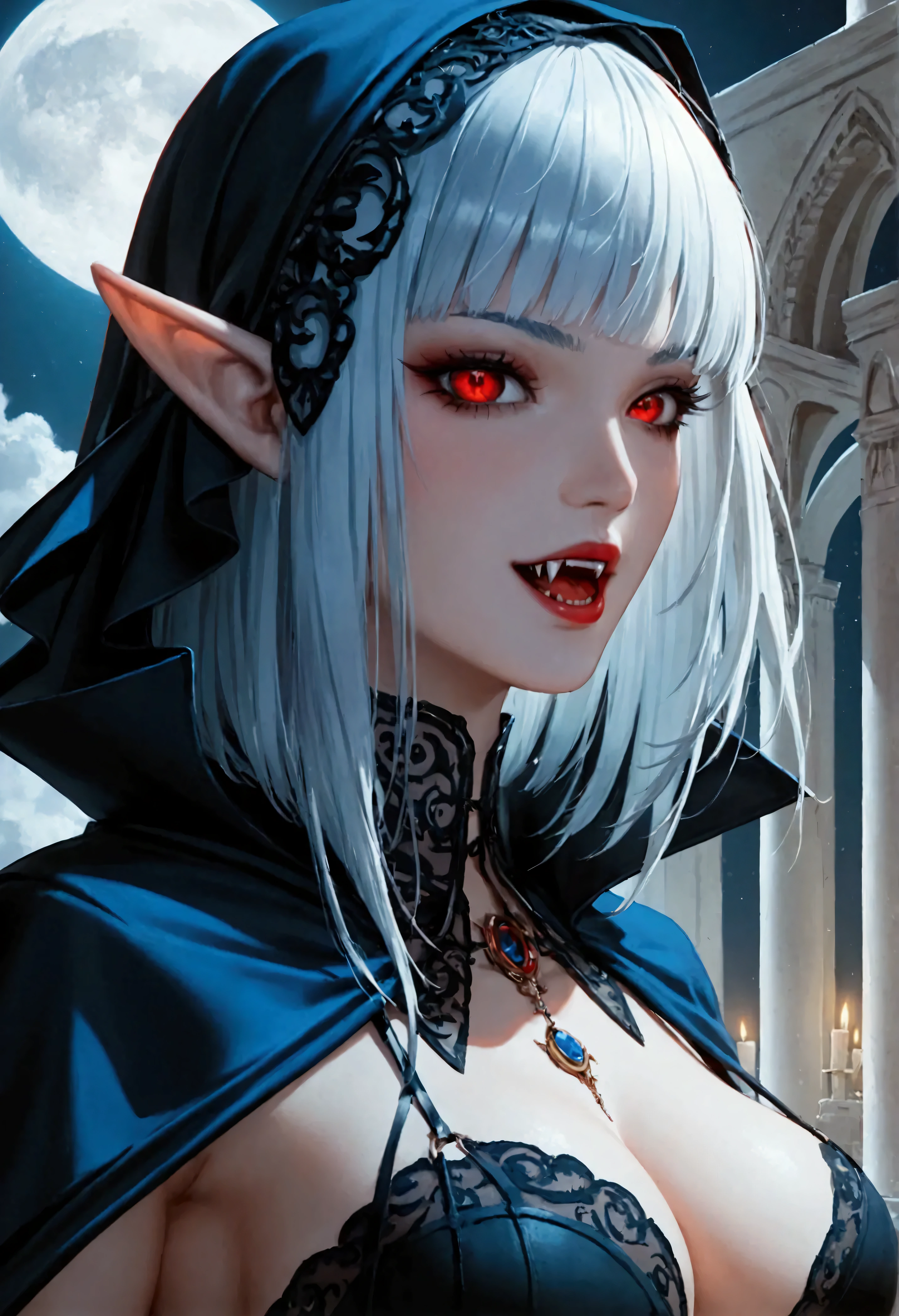 score_9, score_8_up, score_7, anime comic illustration fantasy art, gothic art, full body portrait of a vampire, elf, ultra feminine, wizard, with a long curvy hair, light color hair, red eyes, busty, small pointy ears, ((beautiful delicate face)), Ultra Detailed Face, ((vampiric fangs 1.5)) (blue cloak: 1.3) , flowing cloak, wearing an intricate (black: 1.4) intricate leather dress, high heeled boots full body best details, highly detailed, best quality, fantasy urban background, fantasy, at night light, natural ,moon light, clouds, gothic atmosphere, soft light, dynamic light, [[anatomically correct]], high details, best quality, 8k, [ultra detailed], masterpiece, best quality, (extremely detailed), dynamic angle, Cinematic Shot