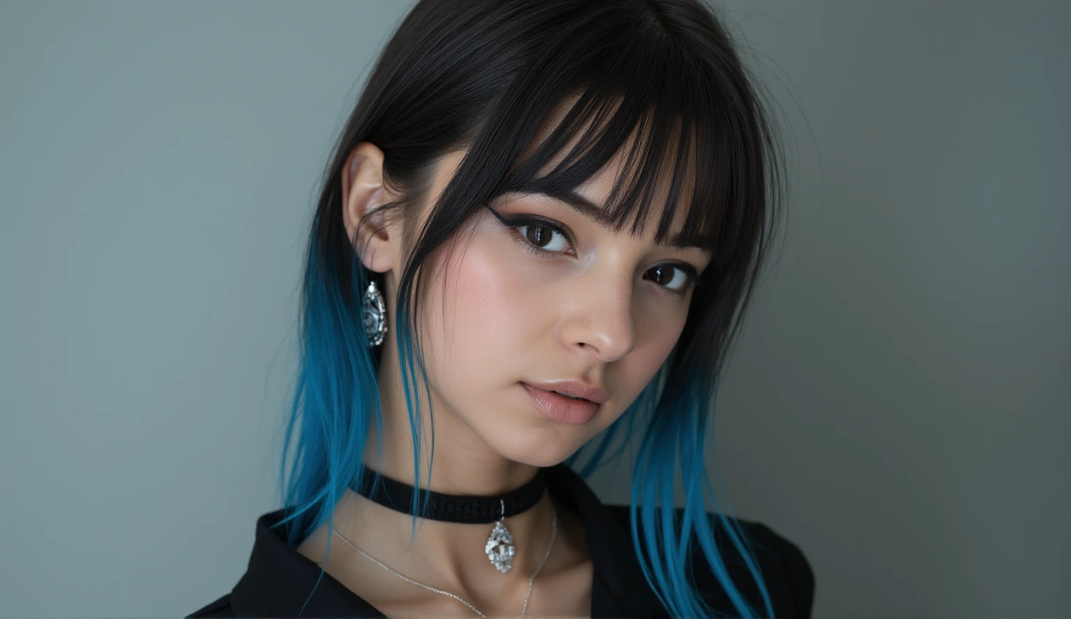 masterpiece, best quality,3d rending work ,3DMM style,close-up,portrait, 3D,1girl, solo, multicolored hair, blue hair, black hair, necklace, freckles, jewelry, two-tone hair, looking to the side, realistic, upper body, simple background, bangs, looking away, short hair, parted lips, black eyes, lips, gothic, choker, makeup, mole, black shirt, shirt, watermark