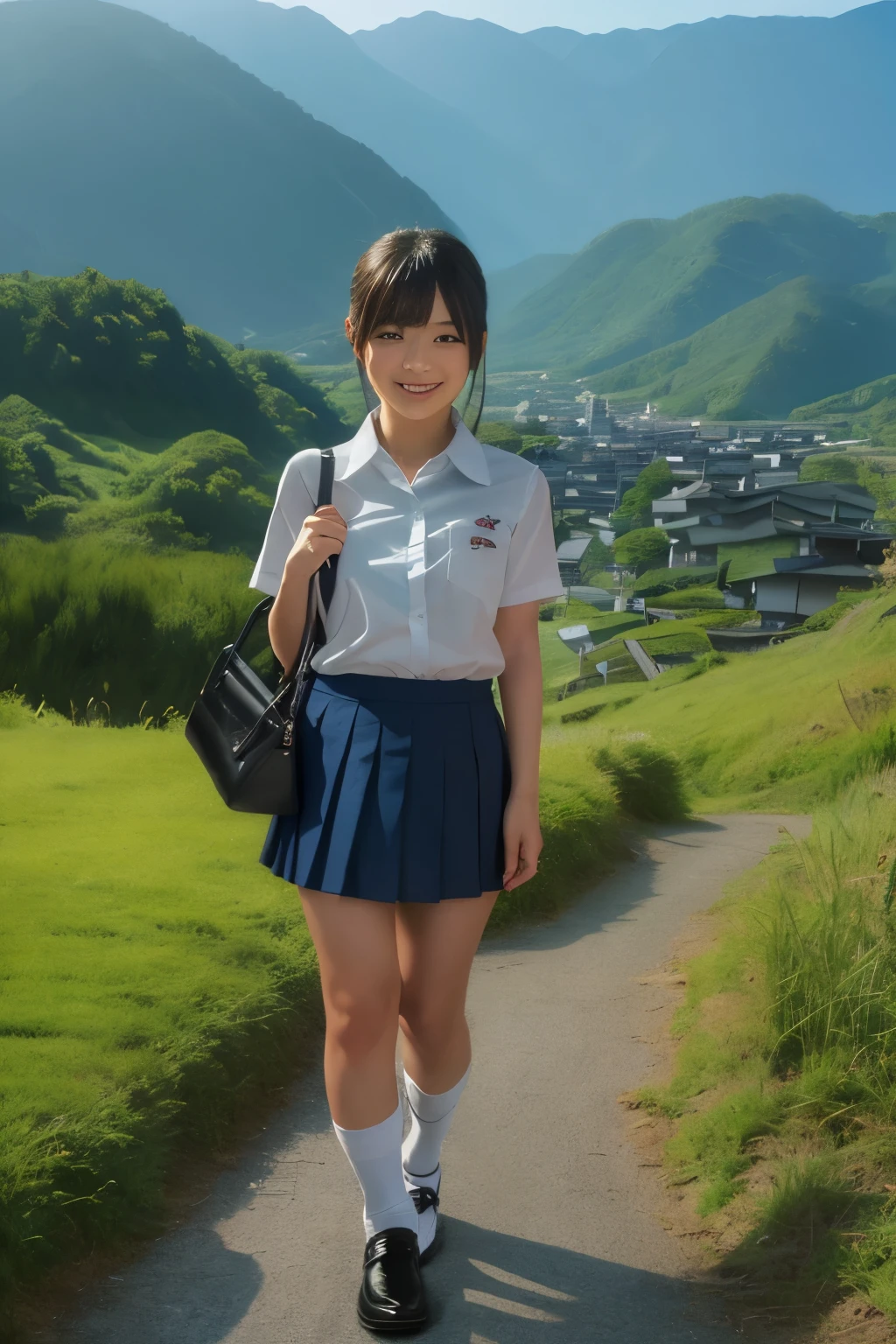  1japanese girl, white short sleeve collared shirt, white folded socks, pleated skirt, black loafers, lower ponytail, bangs, school bag, standing, smile, japanese countryside scenery, BREAK, (full body shot:1.5), BREAK, (masterpiece, best quality:1.4), (8k, raw photo, photorealistic:1.2), ultra high res, detailed skin, detailed face, detailed eyes 