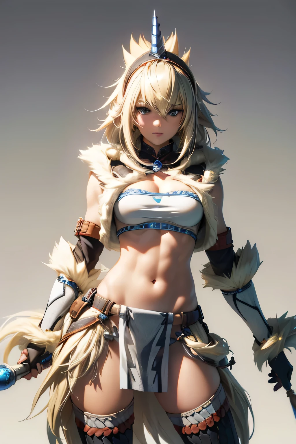  perfect anatomy　Best Quality, highest resolution,(((woman　 shiny top　shiny loincloth 　Light blonde hair)))　 Monster Hunter　Kirin Gear　cool