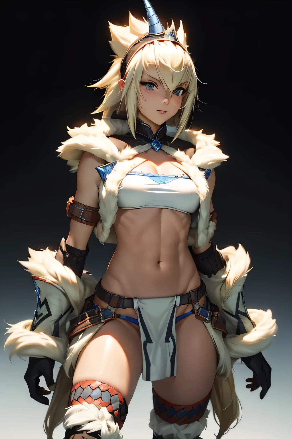  perfect anatomy　Best Quality, highest resolution,(((woman　 shiny top　shiny loincloth 　Light blonde hair)))　 Monster Hunter　Kirin Gear　cool