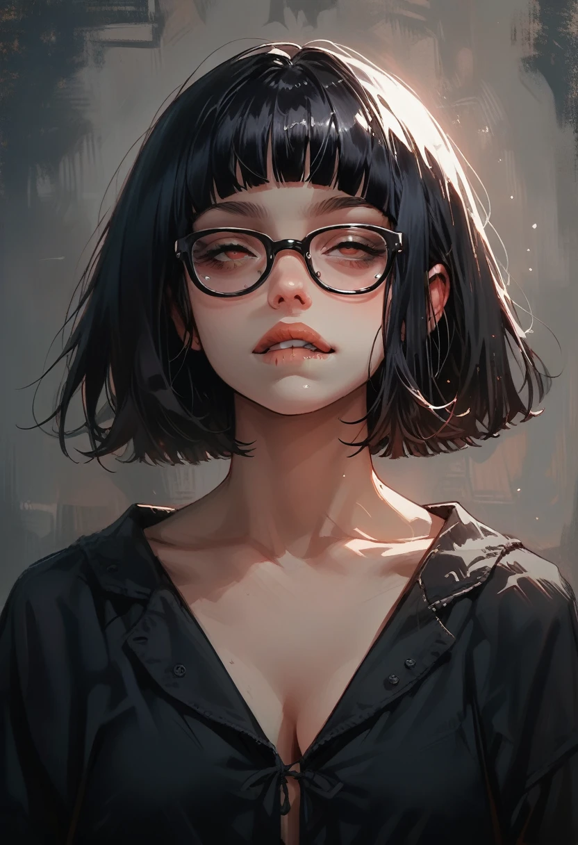 score_9_presence, score_8_up, score_7_up, sexy female, Hyper realistic, perfect face, perfect lighting, Black hime cut, Straight Hair, short hair, Glasses, biting lower lip, pajama