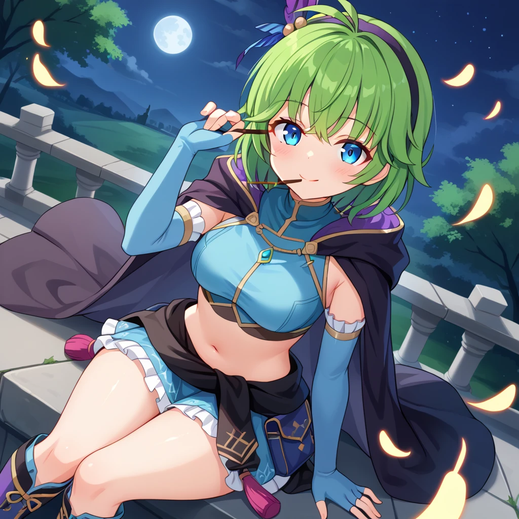 score_9, score_8_up

(masterpiece), best quality, expressive eyes, perfect face, perfect thighs, perfect anatomy, perfect breasts, perfect eyes, medium breasts, perfect thighs, perfect hips

ninoss, blue eyes, green hair, short hair, antenna hair, purple hairband, hair ornament,

ninofng, blue eyes, green hair, short hair, antenna hair, black hairband, feather hair ornament, black cloak, blue crop top, midriff, navel, elbow gloves, blue gloves, fingerless gloves, clothes around waist, fng skirt, purple knee boots

looking at viewer, night, night sky, moon, pocky, pocky in mouth, blush, park background, smile, pov, sitting, closed eyes