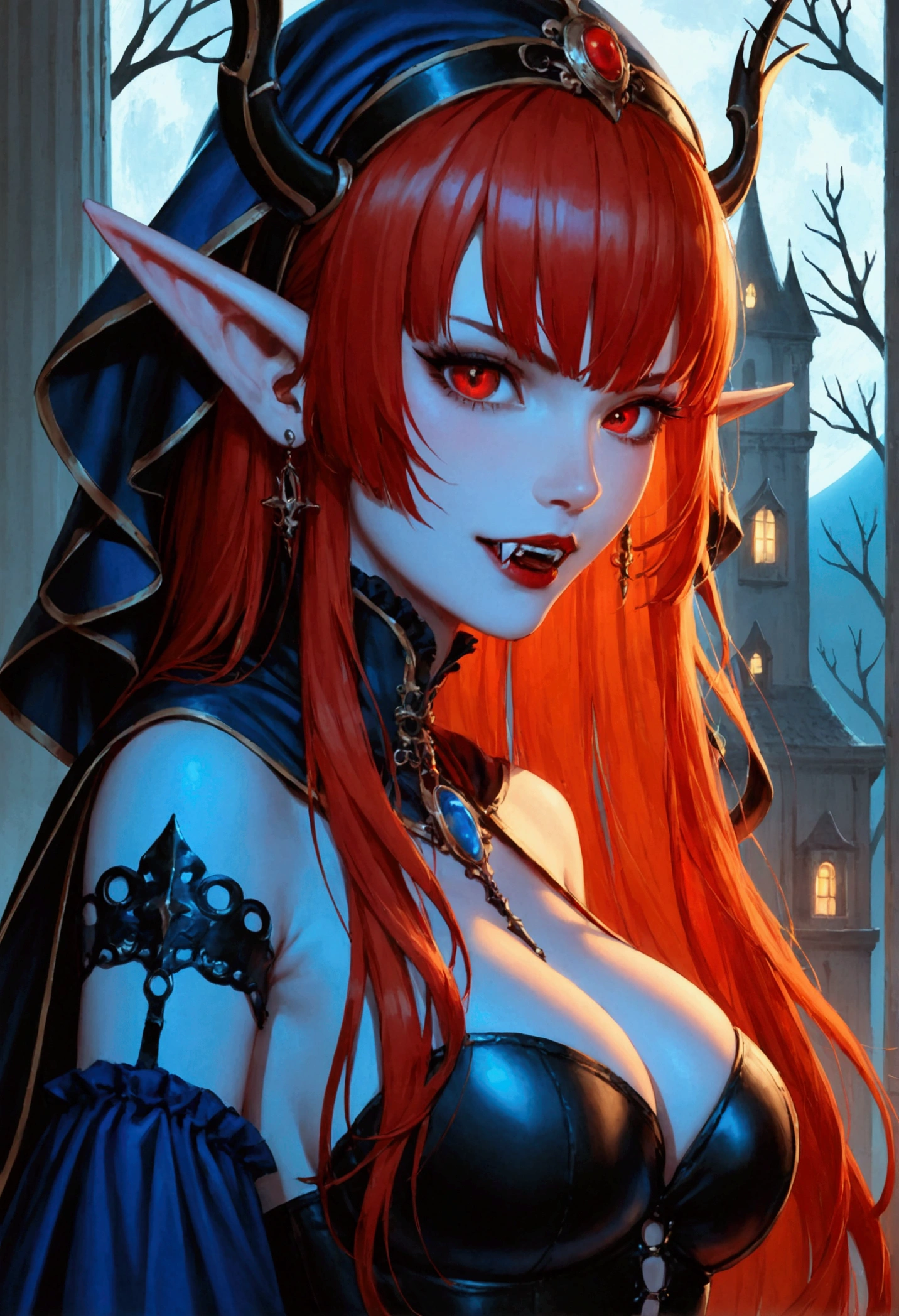 score_9, score_8_up, score_7, anime comic illustration fantasy art, gothic art, full body portrait of a vampire, elf, ultra feminine, wizard, with a long curvy hair, light color hair, red eyes, busty, small pointy ears, ((beautiful delicate face)), Ultra Detailed Face, ((vampiric fangs 1.5)) (blue cloak: 1.3) , flowing cloak, wearing an intricate (black: 1.4) intricate leather dress, high heeled boots full body best details, highly detailed, best quality, fantasy urban background, fantasy, at night light, natural ,moon light, clouds, gothic atmosphere, soft light, dynamic light, anatomically correct, high details, best quality, 8k, [ultra detailed], masterpiece, best quality, (extremely detailed), dynamic angle, Cinematic Shot