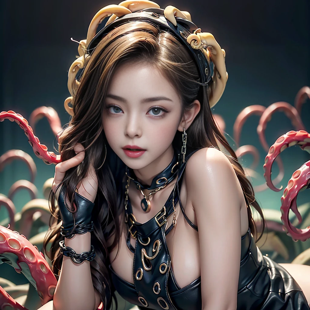 nsfw、 panoramic view angle 、PussyReal、Breast Real、masterpiece, It is  high definition., 16K resolution,  detailed digital illustration 、Long Hair、Wavy Long Hair、Detailed eyes、 shiny hair、((Head yoke、Chain Bondage:1.5))、 very beautiful woman 、Double eyes, Normal chest、Bust A cup、 high definition,   high quality、 detailed background、(( on a very crowded golf course in the shooting team:1.4))、((２Book Arms、founder, One thumb))、((Two legs、founder, One thumb))、 very beautiful woman 、masterpiece、 gentle smile、(((Tentacles and princess:1.6)))、((((Creampie:1.6)))、((Sucking a tentacle:1.6)))、