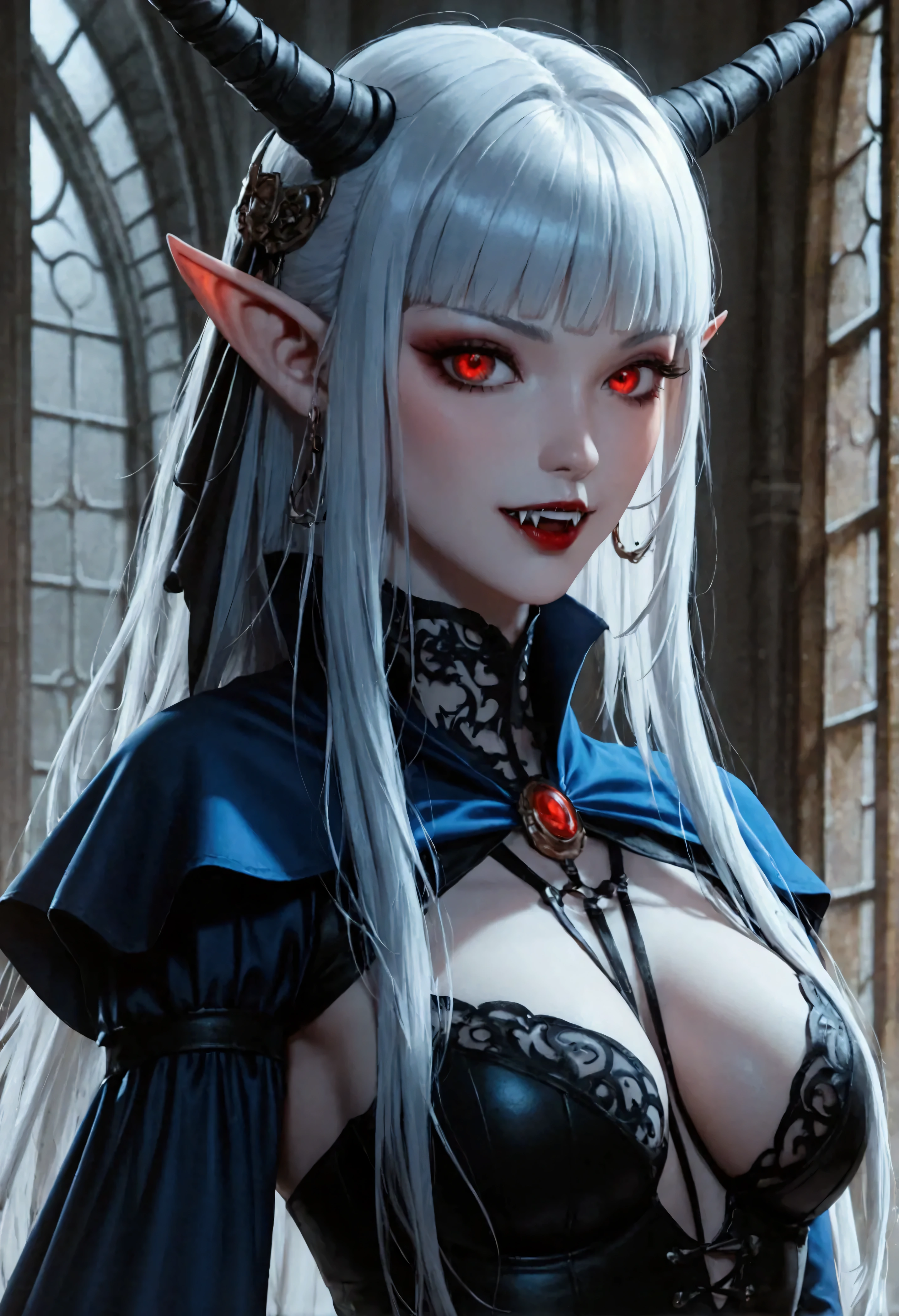 score_9, score_8_up, score_7, anime comic illustration fantasy art, gothic art, full body portrait of a vampire, elf, ultra feminine, wizard, with a long curvy hair, light color hair, red eyes, busty, small pointy ears, ((beautiful delicate face)), Ultra Detailed Face, ((vampiric fangs 1.5)) (blue cloak: 1.3) , flowing cloak, wearing an intricate (black: 1.4) intricate leather dress, high heeled boots full body best details, highly detailed, best quality, fantasy urban background, fantasy, at night light, natural ,moon light, clouds, gothic atmosphere, soft light, dynamic light, anatomically correct, high details, best quality, 8k, [ultra detailed], masterpiece, best quality, (extremely detailed), dynamic angle, Cinematic Shot