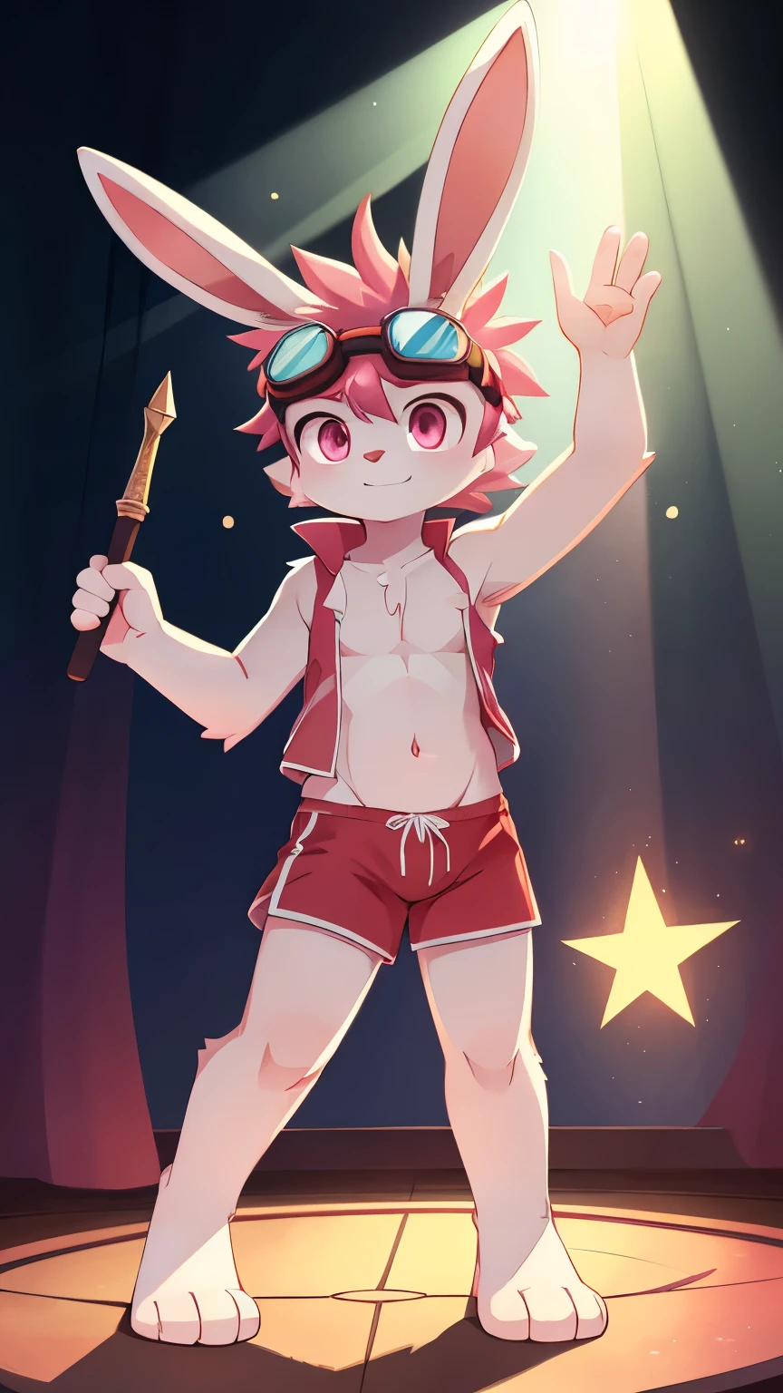 full-length_portrait, Furry shota, rabbit, long rabbit ears, pink hair, long spiky ponytail, spiky hair, detailed body fur, Pink eyes, ((red fundoshi, goggles)), looking at you, white body fur, detailed face, big eyebrows, detailed eyes, detailed body, sakura forest, clear sky, detailed hands, flat body, glistering body, shiny body, skinny, spectacular effects, sassy face, :3, perfect lighting, perfect shadows, perfect eyes, perfect hair, perfect face, gorgeous body, full body, feets with three toes, 3 toes, action: karate fight, fighter,