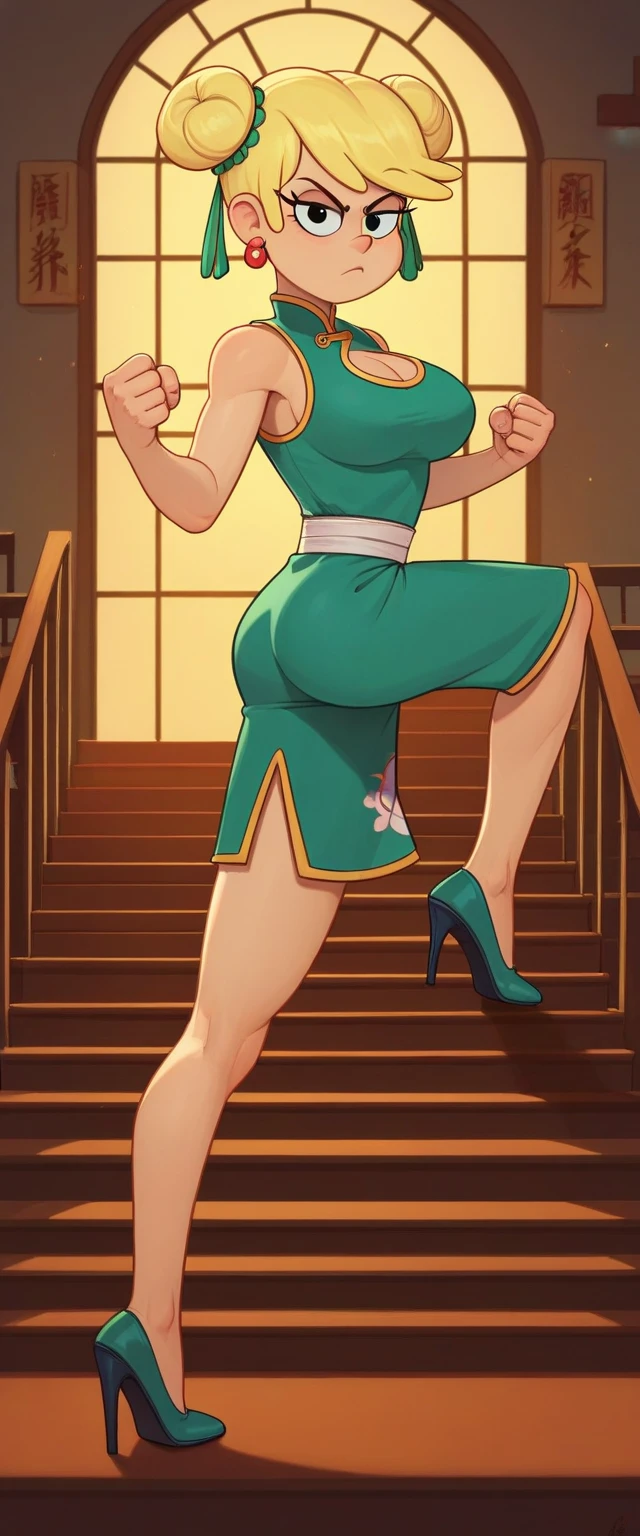 leni loud, 1girl, solo, 24yo girl, large breasts, green cheongsam,  inside of a chinese temple, looking at viewer, blonde hair, two hair buns , hands  score_9, score_8_up, score_7_up, high heels, teep fighting stance,martial arts, stairs behind her, guarding the stairs, chest window