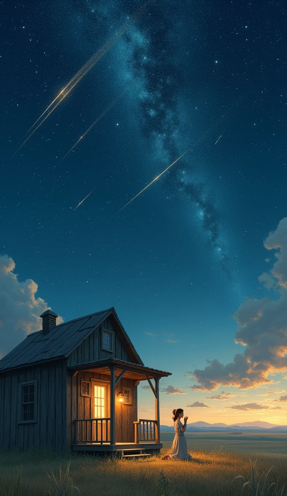 Prairie hut veranda、A sky full of stars、 shooting stars、The girl is praying
