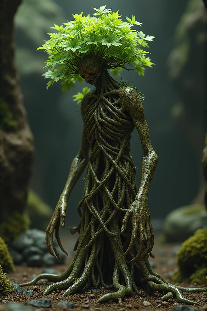 A small golden humanoid plant with human bone armor, roots for feet, and control of the four elements.