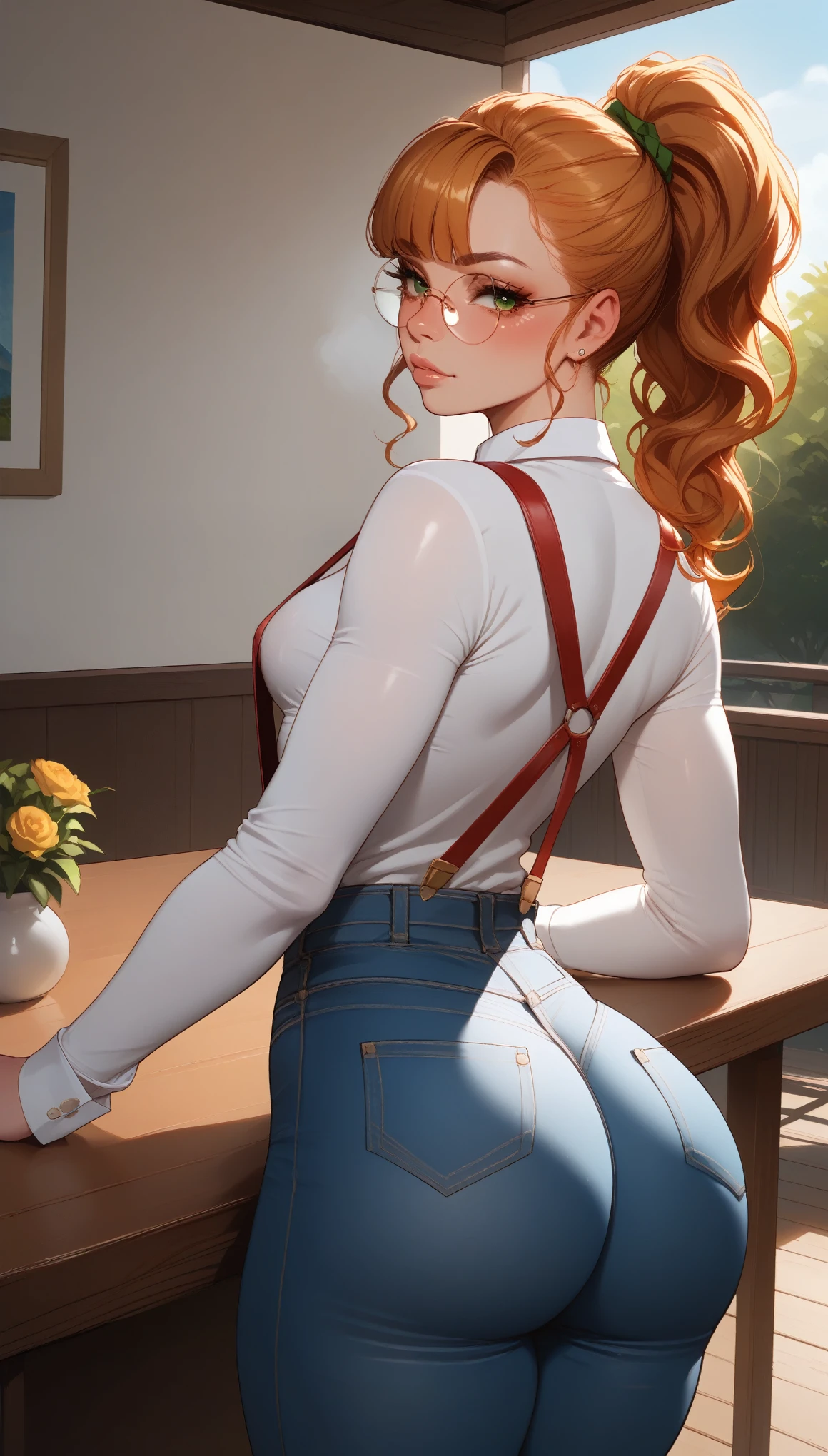 Expressiveh, view from front, look sexy, huge ass, naughty stare, sexy, small breasts,score_9, score_8_up, score_7_up, naughty look, mischievous, golden frizzy hair with high ponytail, straight bangs, cut bangs, hot girl, source_anime, haughty, top view, muscled thighs, sexy tight a woman with stripes on her body, long sleeve white blouse, feminine jeans, suspenders, at the table, leaning on the tree, countryside nature, beautiful stream, legs open, back view, Expression angry pouting, legs open wide open, 80swa, shiny skin, oily, sweaty, perfect face, beautiful girl, beautiful face , green eyes, round prescription glasses, nerdy girl, scabies on her face, sexy tight, squeezing breasts, huge ass, perfect rounded ass, fair skin