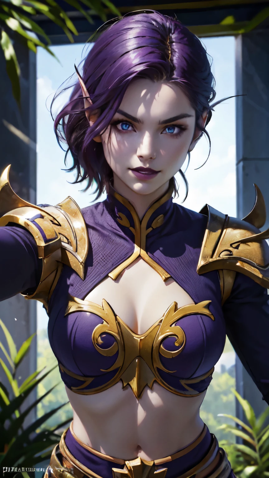 (8K, highest quality, masterpiece:1.2), High resolution, masterpiece, break , beautiful woman, beautifully mouth, highly beautiful eyes and face, beautiful fine eyes, upper body, 20 years old girl, (1girl, purple hair, short hair, spiral eyes, lustful eye, purple lip, smile, clenched teeth, angry) (digital) (looking at viewer), (Forest background)), best quality, blue eyes, pointy ears, colored skin:1.2, blue skin:1.3, Purple clothes, cleavage, crop top, navel, gold trim, voidelf, outstretched arms