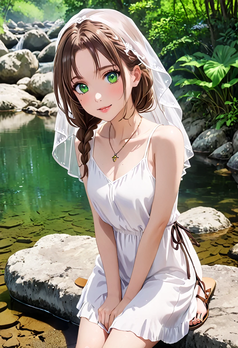 a((Anime style)), ((anime design)), (( true masterpiece)),  Very cute and pretty girl ,(Rosto bonito altamente detailed), (((naughty whore)),
realistic, (( best quality )), ((masterpiece)), (detailed),  perfect face, score_9, score_8_up, score_7_up.  Arafed Woman wearing a white tank top and a necklace , sexy green eyed girl, retrato de Sophie Mudd, brown hair and large eyes, selfie of a young woman.
 Spend an afternoon beside a tranquil river .  She wears a white linen dress and leather sandals ,  ideals for a peaceful getaway .  Her brown hair is in a relaxed braid ,  and she wears a light sun veil for Play of elegance . When taking a selfie ,  she sits on a flat rock by the water ,  avec des canards nageant à proximité et des arbres verdoyants en arrière-plan.  Son sourire est serein et contemplatif ,  capturing the tranquility of nature .,nsfw,Sensual,adult content, explicit ,nude,erotic,Pron,Natural detailled skin, 